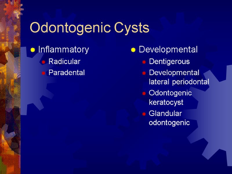 Odontogenic Cysts Inflammatory Radicular Paradental Developmental Dentigerous Developmental lateral periodontal Odontogenic keratocyst Glandular odontogenic